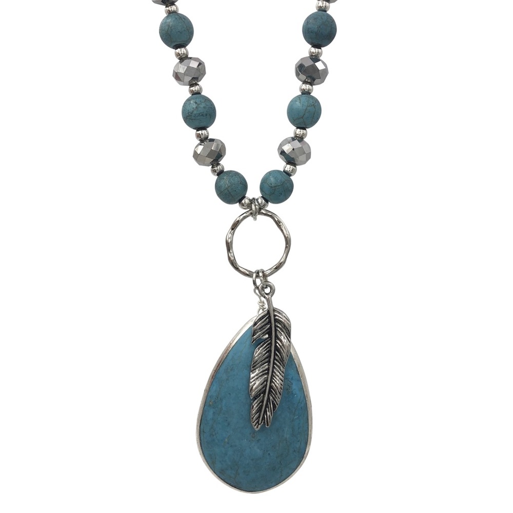 Hematite & Turquoise Beaded Feather Charm Necklace